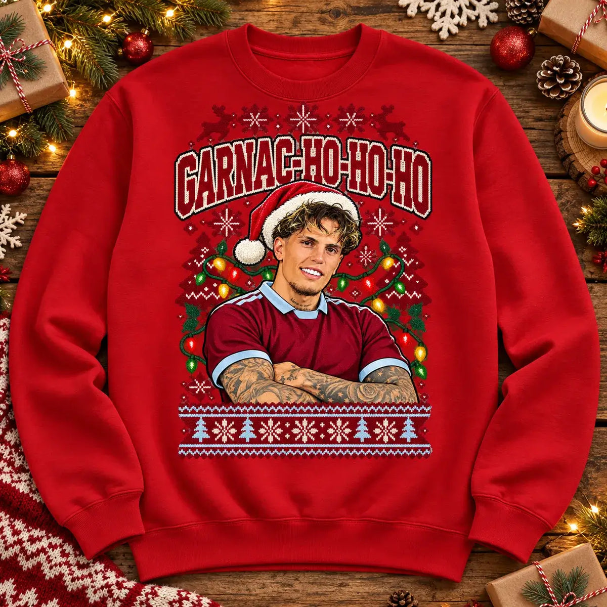 Garnac-ho-ho-ho Alejandro Garnacho funny football Christmas jumper Red festive flat lay