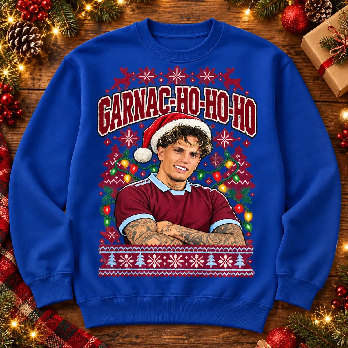 Garnac-ho-ho-ho Alejandro Garnacho funny football Christmas jumper Royal Blue festive flat lay