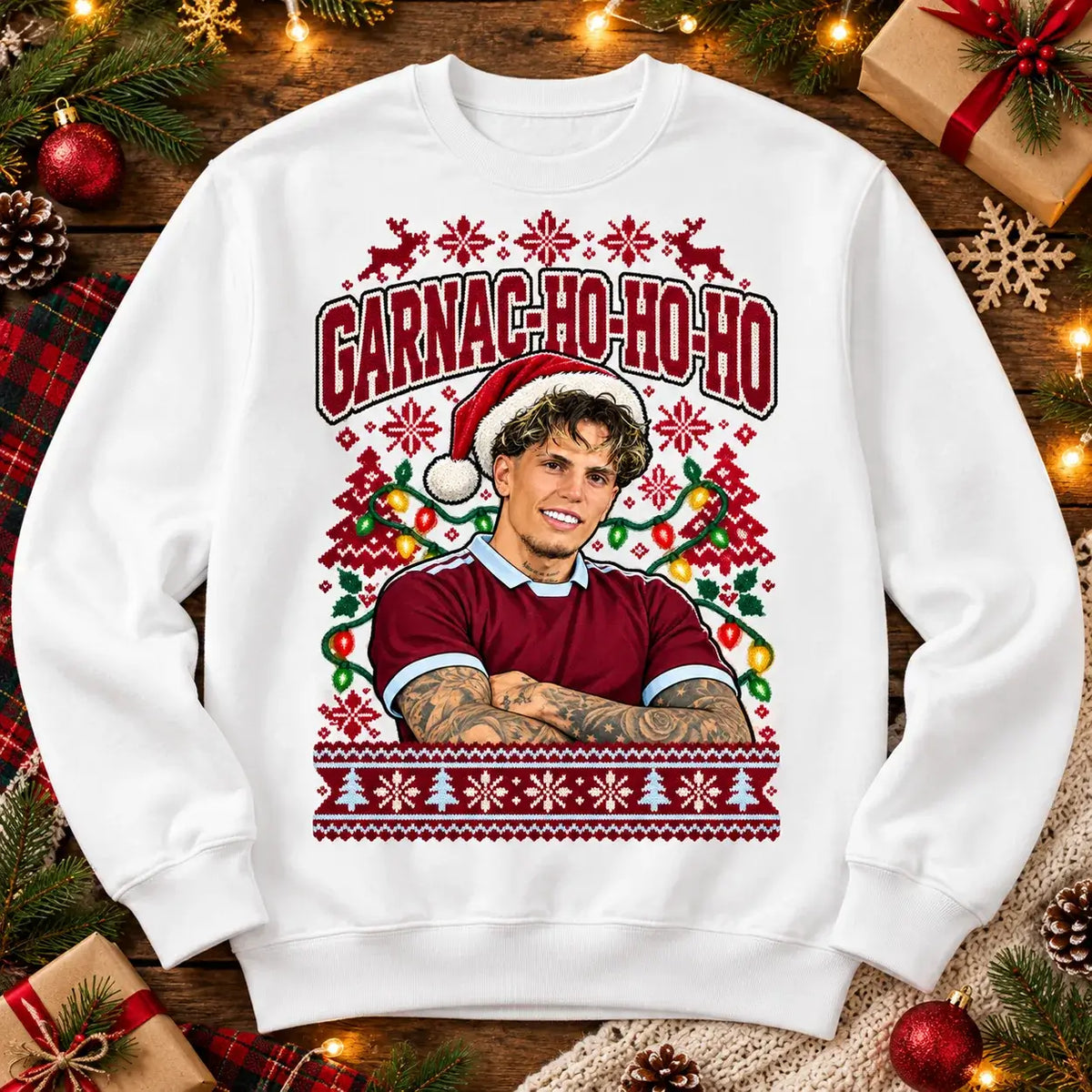 Garnac-ho-ho-ho Alejandro Garnacho funny football Christmas jumper White festive flat lay