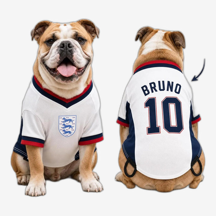 Personalised England Dog Football T-Shirt | Custom Name & Number | 3 Dogs Pet Football shirt