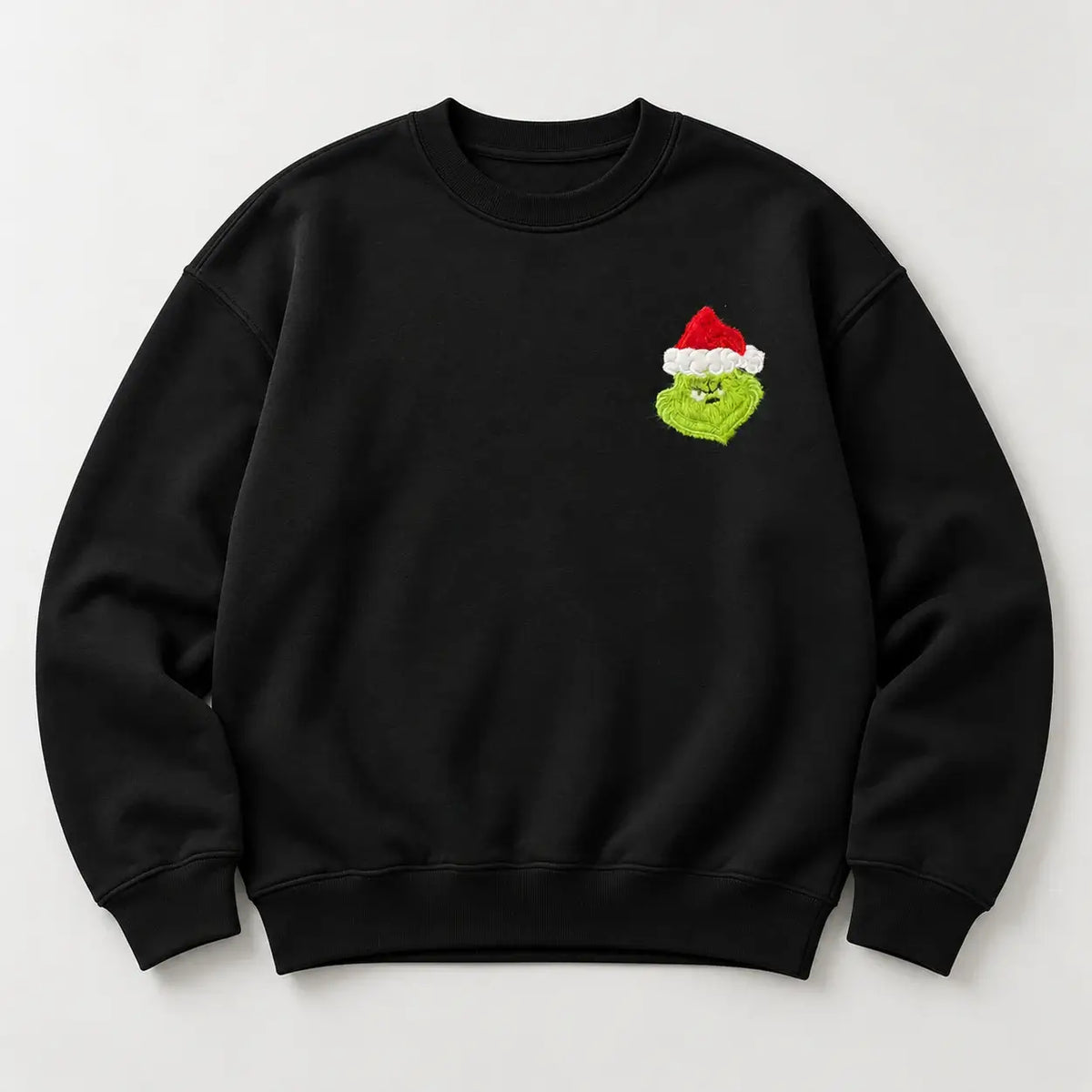Christmas jumper Black Front Studio: optional fluffy festive green Santa-hat chest embroidery and large lime Hate Hate Hate Loathe Entirely back print, Printora UK