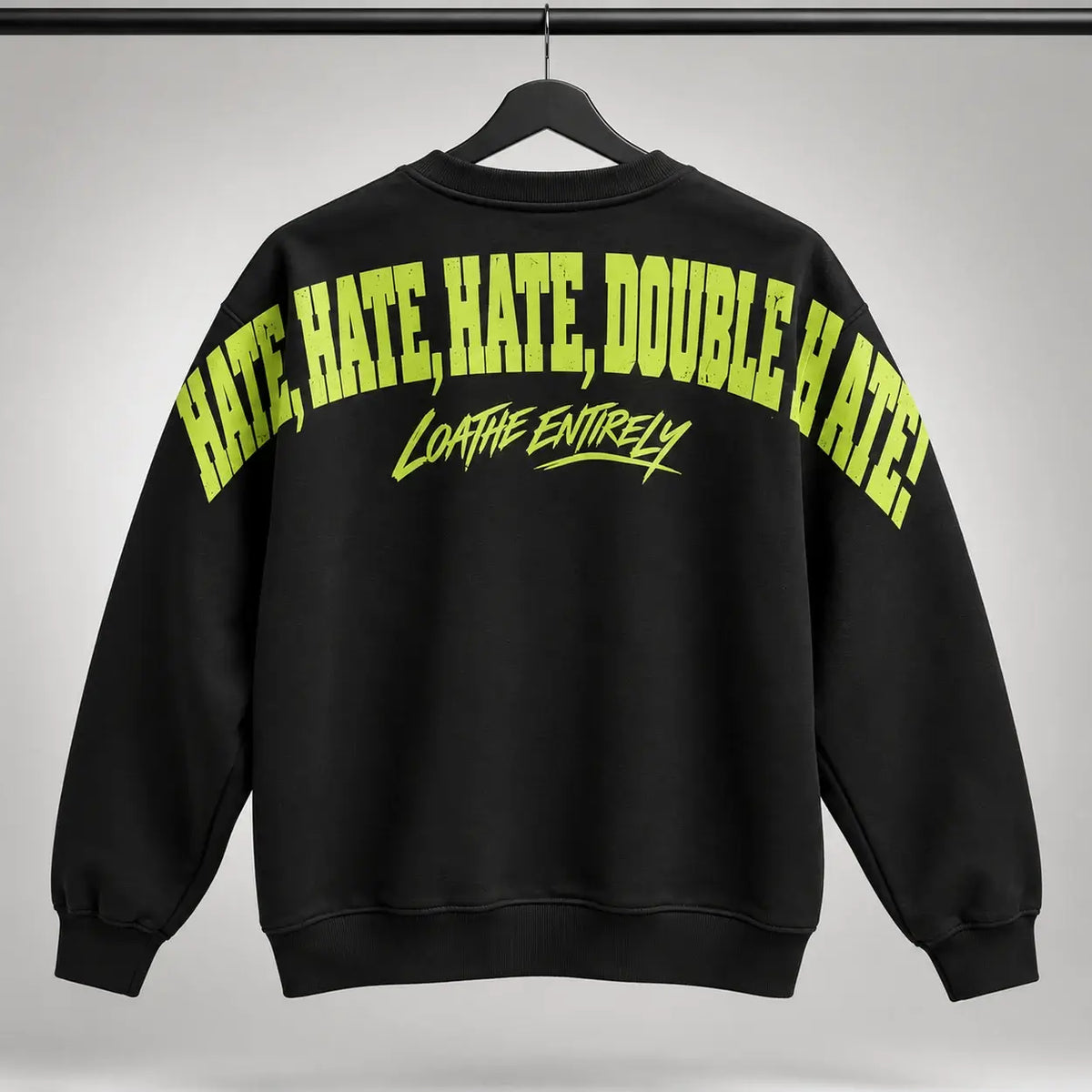 Christmas jumper Black Back Hanger: optional fluffy festive green Santa-hat chest embroidery and large lime Hate Hate Hate Loathe Entirely back print, Printora UK