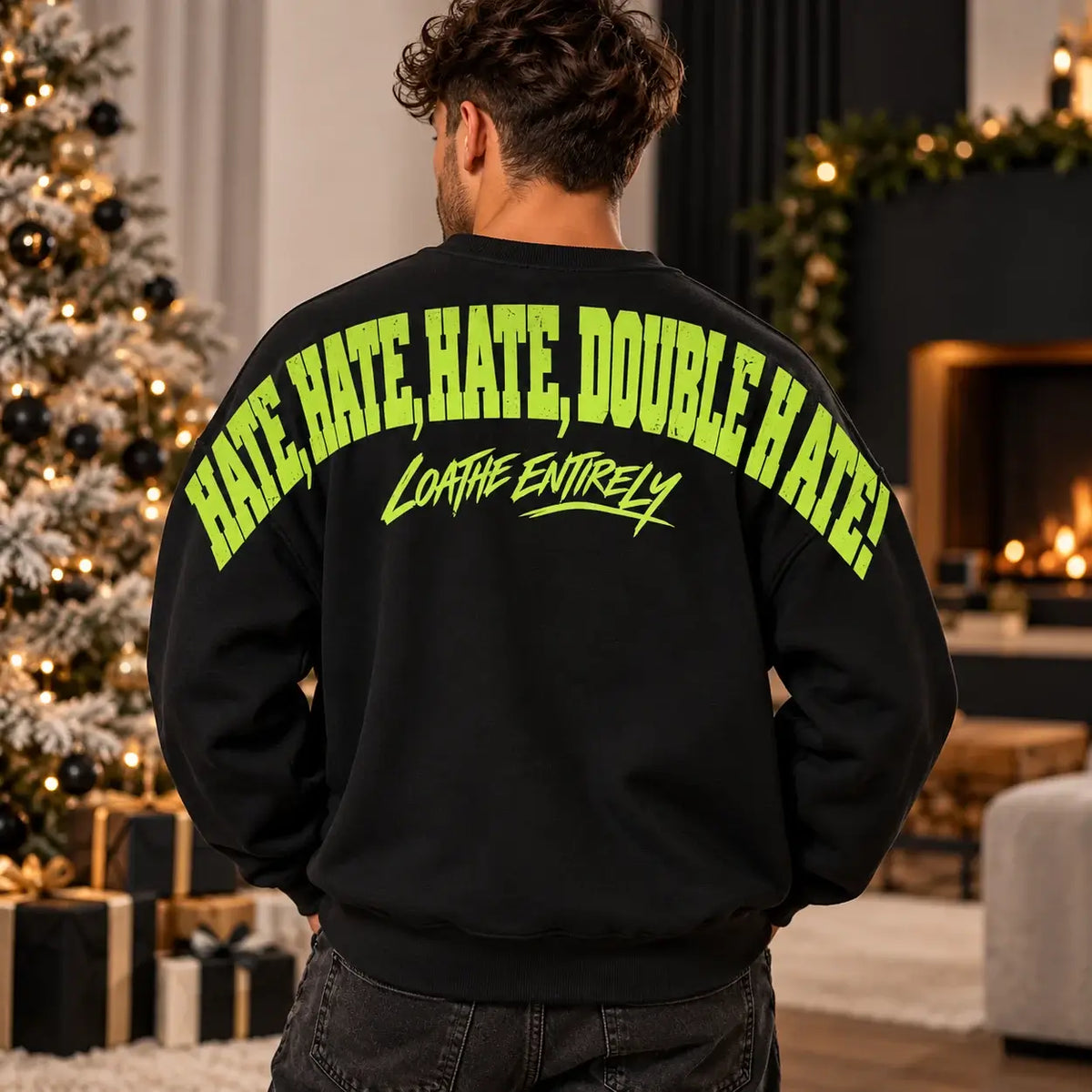Christmas jumper Black Back Model: optional fluffy festive green Santa-hat chest embroidery and large lime Hate Hate Hate Loathe Entirely back print, Printora UK