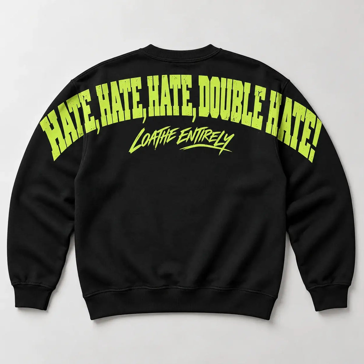 Christmas jumper Black Back Studio: optional fluffy festive green Santa-hat chest embroidery and large lime Hate Hate Hate Loathe Entirely back print, Printora UK