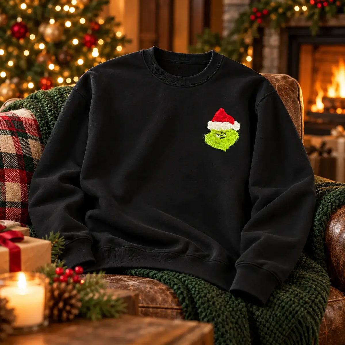 Christmas jumper Black Front Christmas: optional fluffy festive green Santa-hat chest embroidery and large lime Hate Hate Hate Loathe Entirely back print, Printora UK