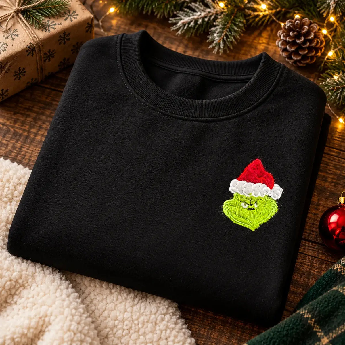 Christmas jumper Black Front Folded: optional fluffy festive green Santa-hat chest embroidery and large lime Hate Hate Hate Loathe Entirely back print, Printora UK
