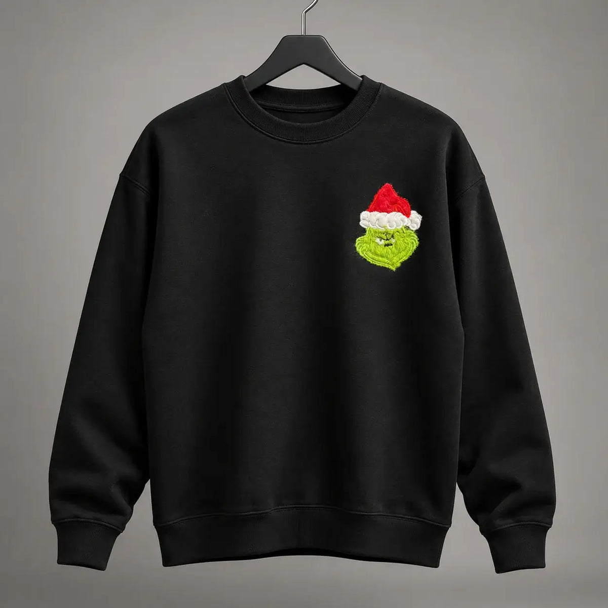 Christmas jumper Black Front Hanger: optional fluffy festive green Santa-hat chest embroidery and large lime Hate Hate Hate Loathe Entirely back print, Printora UK