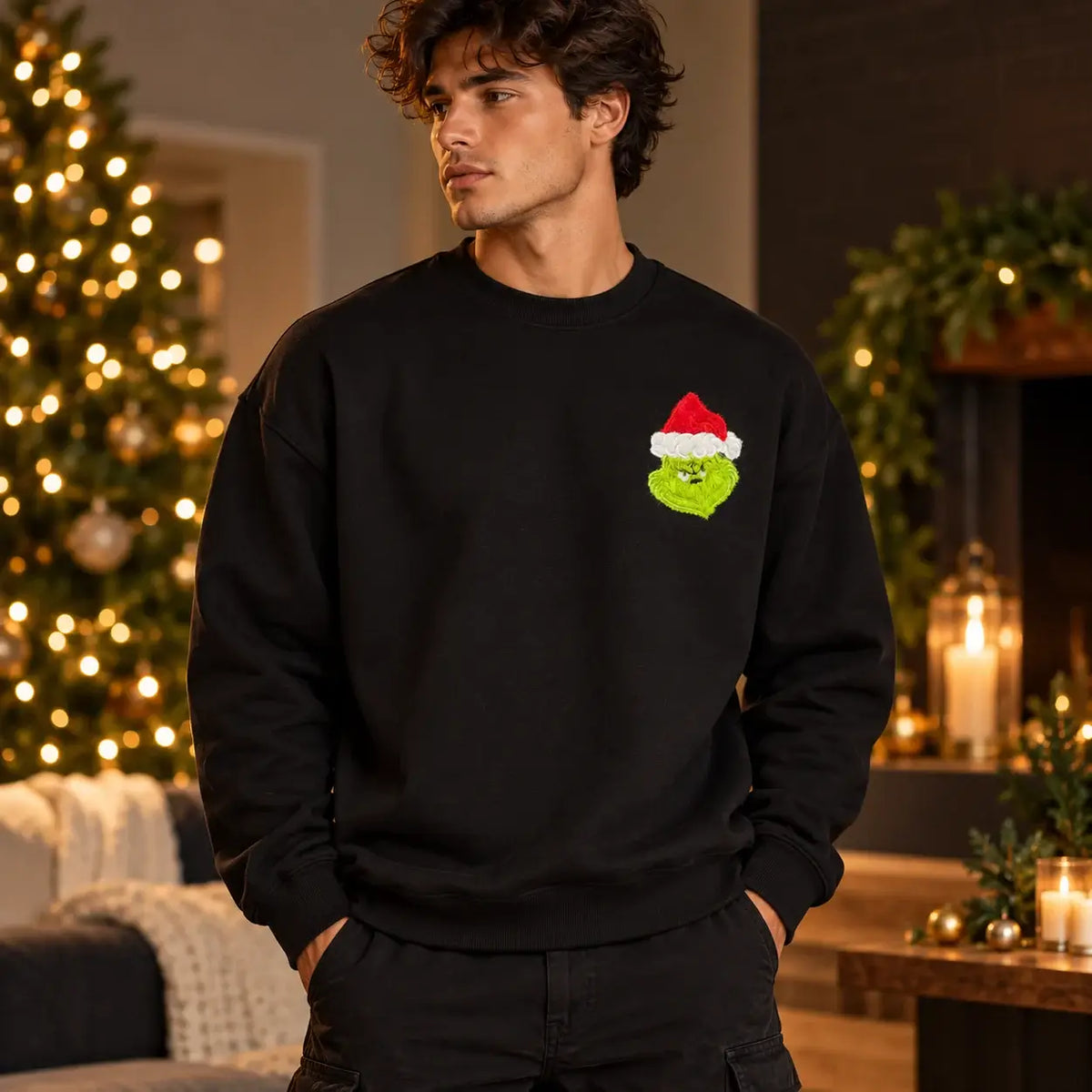 Christmas jumper Black Front Model: optional fluffy festive green Santa-hat chest embroidery and large lime Hate Hate Hate Loathe Entirely back print, Printora UK