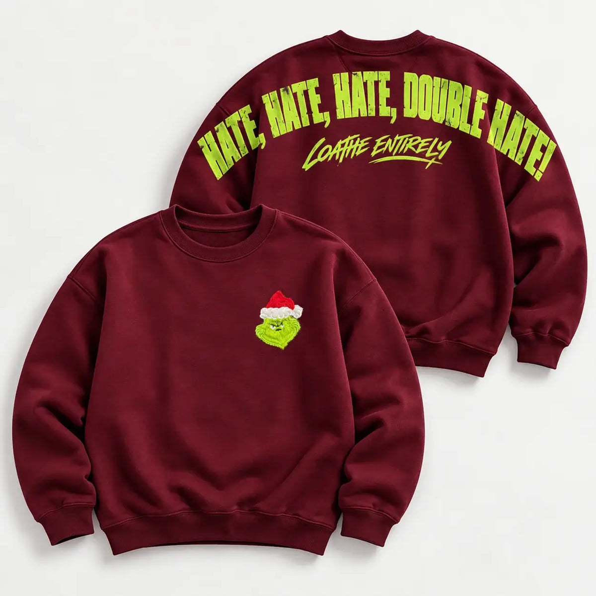 Christmas jumper Burgundy Front and Back: optional fluffy festive green Santa-hat chest embroidery and large lime Hate Hate Hate Loathe Entirely back print, Printora UK