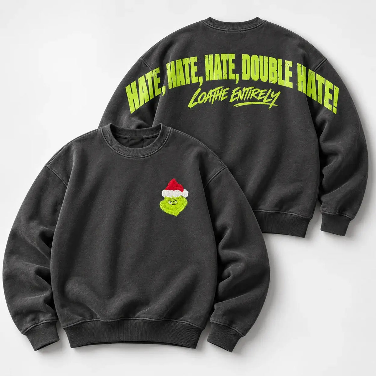 Christmas jumper Charcoal Front and Back: optional fluffy festive green Santa-hat chest embroidery and large lime Hate Hate Hate Loathe Entirely back print, Printora UK