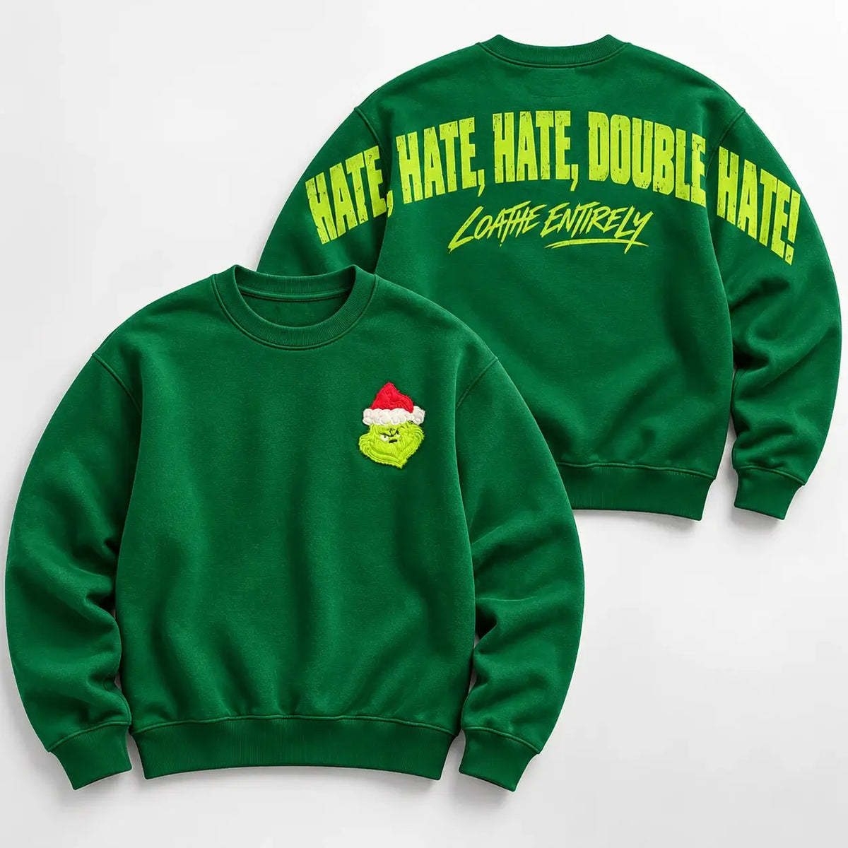 Christmas jumper Kelly Green Front and Back: optional fluffy festive green Santa-hat chest embroidery and large lime Hate Hate Hate Loathe Entirely back print, Printora UK