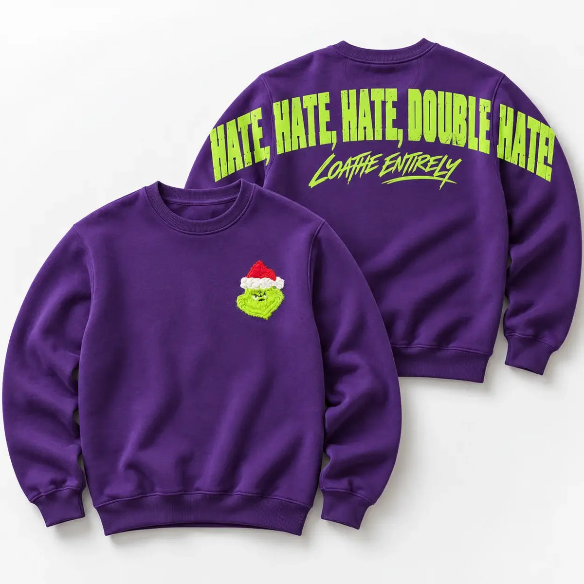 Christmas jumper Purple Front and Back: optional fluffy festive green Santa-hat chest embroidery and large lime Hate Hate Hate Loathe Entirely back print, Printora UK