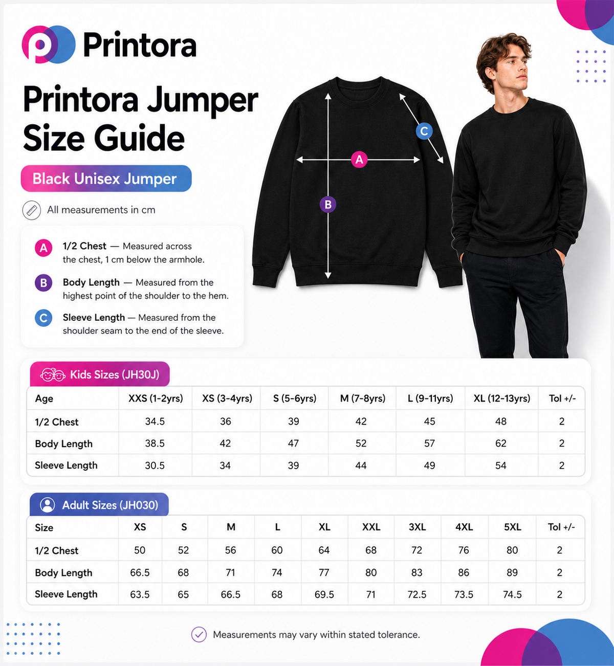 Printora adult and kids Christmas jumper size guide in centimetres