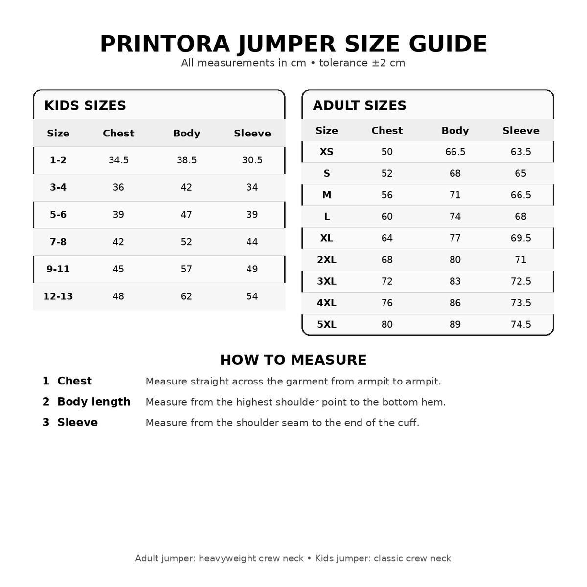Printora adult and kids Christmas jumper size guide chest body length sleeve