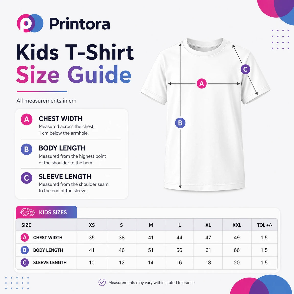 Printora kids T-shirt size guide