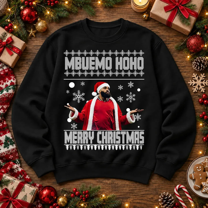 Mbuemo Ho Ho Ho Christmas Jumper – Football Fan Sweatshirt – black colour realistic festive flat lay mockup