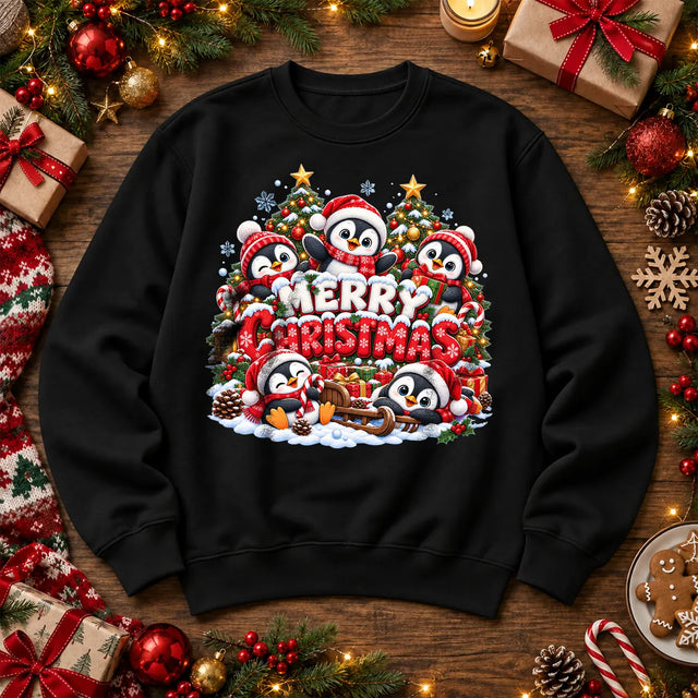 Merry Christmas penguin jumper in black, festive penguins on a soft crew-neck sweatshirt