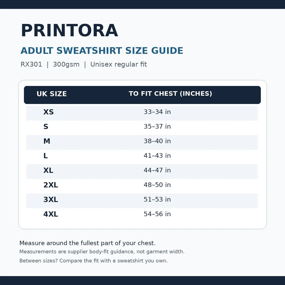 Printora RX301 adult 300gsm Christmas jumper size guide XS to 4XL