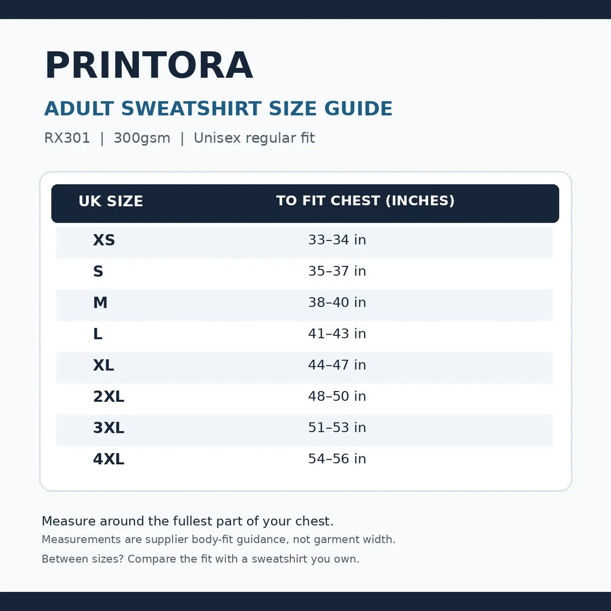 Printora RX301 adult 300gsm jumper size guide XS to 4XL chest-to-fit measurements