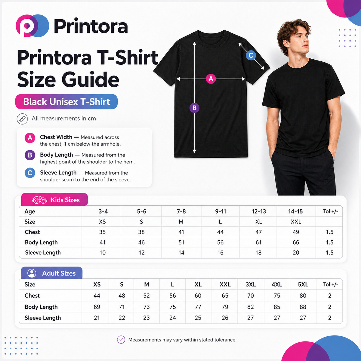 Printora T-Shirt Size Guide - Adult and Kids Size Chart in cm