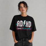 Printora UK black cotton t-shirt with neon pink and turquoise ADHD Highway to Hey Look a Squirrel graphic print