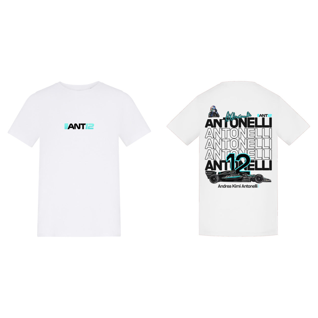 Printora UK white cotton F1 fan t-shirt featuring Andrea Kimi Antonelli ANT12 chest logo and detailed back graphic.