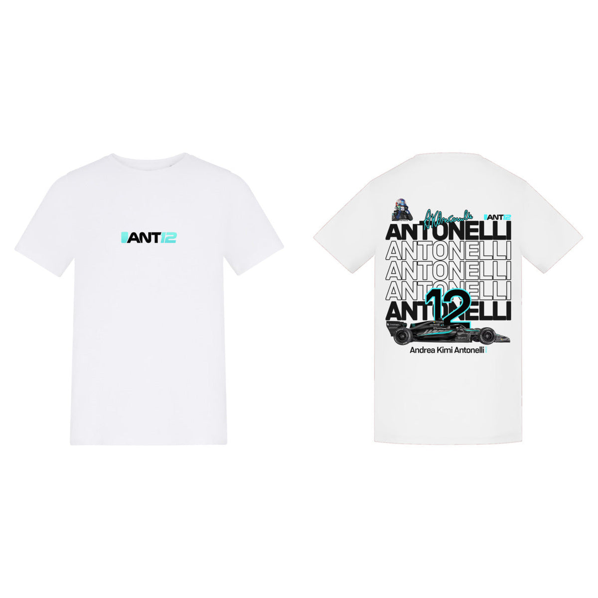 Printora UK white cotton F1 fan t-shirt featuring Andrea Kimi Antonelli ANT12 chest logo and detailed back graphic.