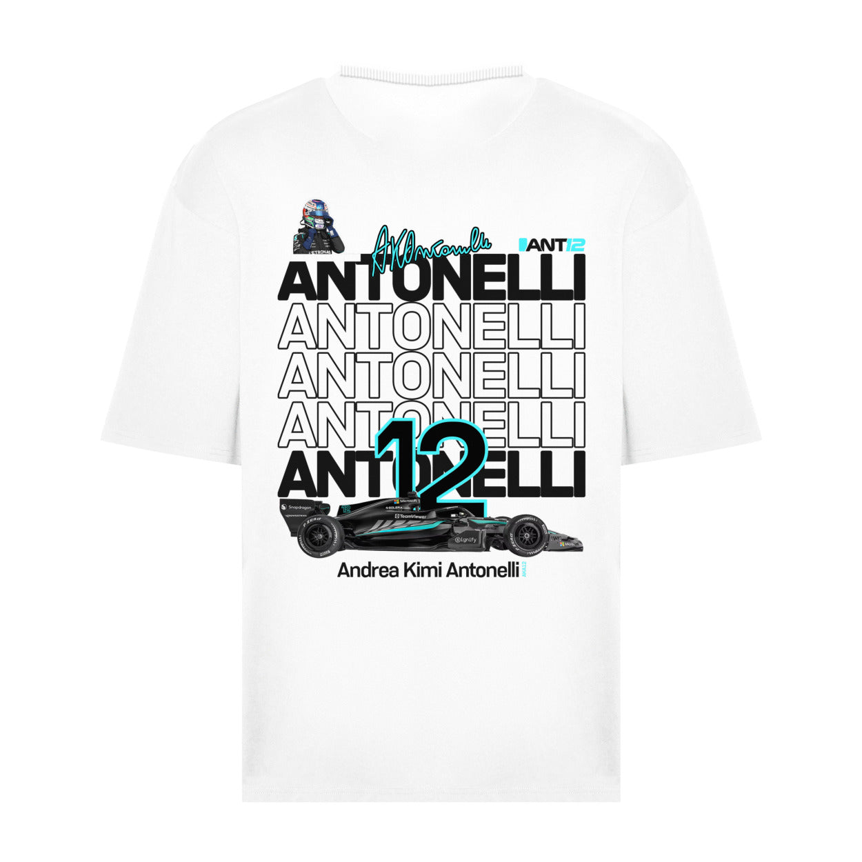 Printora UK white cotton F1 fan t-shirt featuring Andrea Kimi Antonelli ANT12 back graphic with race car and helmet.