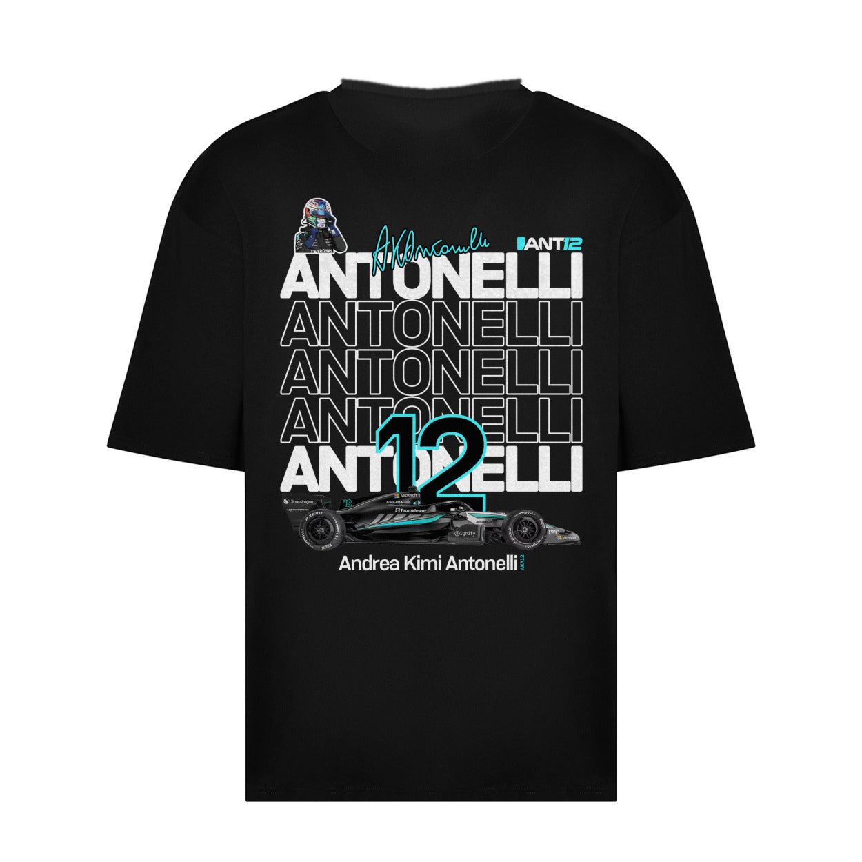 Printora UK black cotton F1 fan t-shirt featuring Andrea Kimi Antonelli ANT12 graphic print on the back