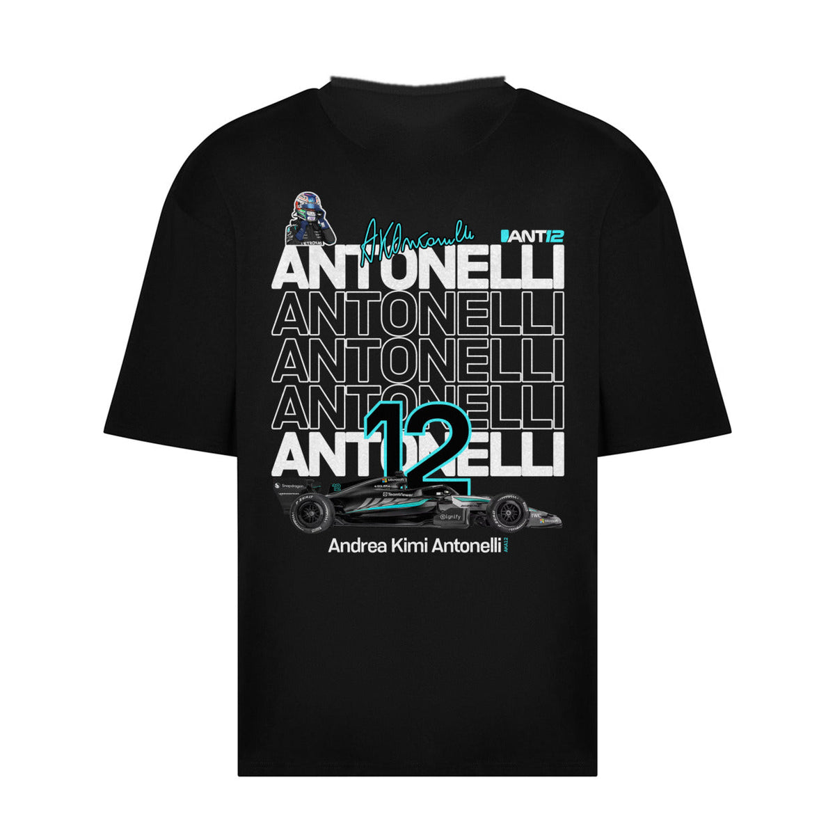 Printora UK black cotton F1 fan t-shirt featuring Andrea Kimi Antonelli ANT12 graphic print on the back