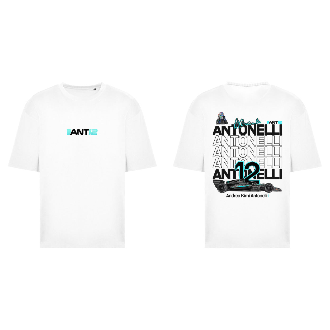 Printora UK white cotton F1 fan t-shirt featuring ANT12 chest logo and Andrea Kimi Antonelli race car back graphic