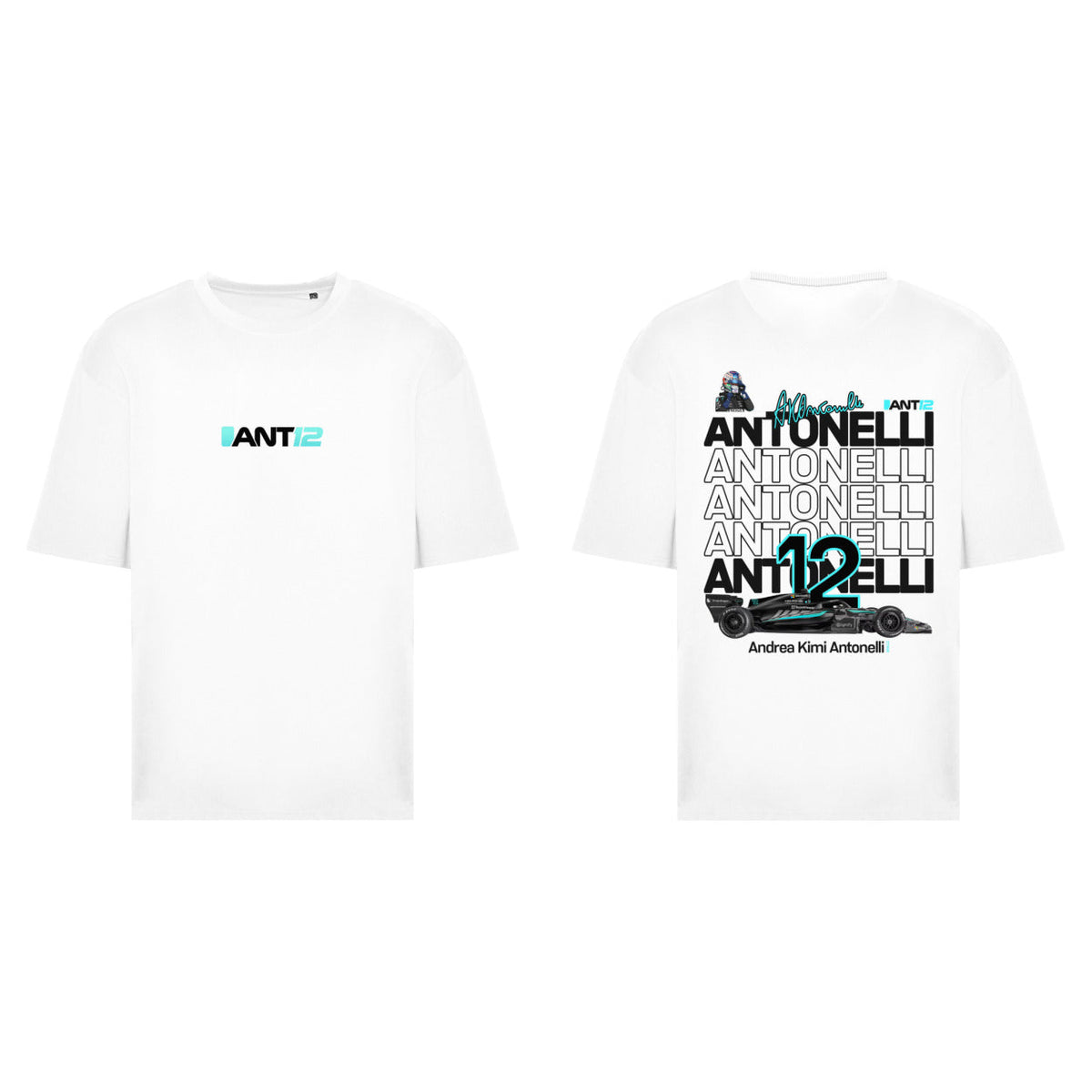 Printora UK white cotton F1 fan t-shirt featuring ANT12 chest logo and Andrea Kimi Antonelli race car back graphic