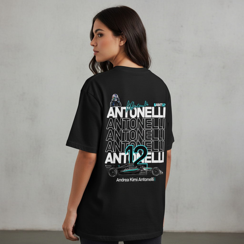Printora UK black cotton F1 t-shirt featuring Andrea Kimi Antonelli ANT12 back print with race car and helmet graphic