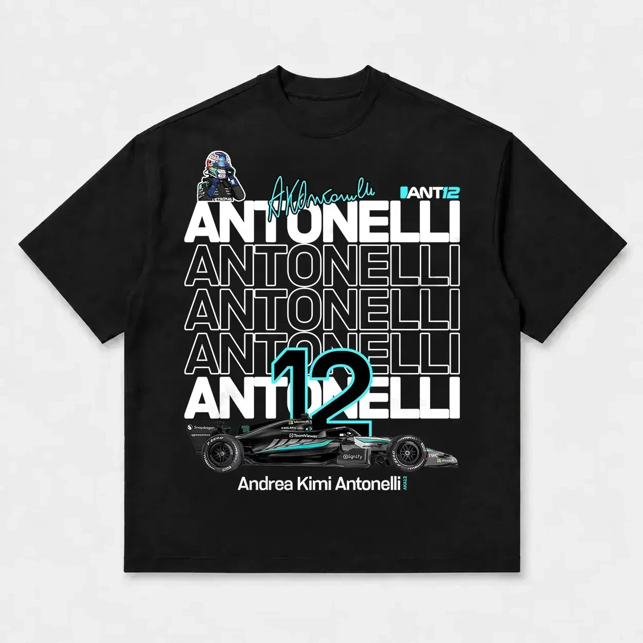 Printora UK black cotton F1 fan t-shirt featuring Andrea Kimi Antonelli ANT12 graphic print on the back
