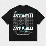 Printora UK black cotton F1 fan t-shirt featuring Andrea Kimi Antonelli ANT12 graphic print on the back
