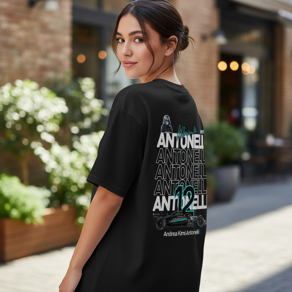 Printora UK black cotton F1 fan t-shirt featuring Andrea Kimi Antonelli ANT12 back graphic worn by a woman outdoors
