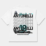 Printora UK white cotton t-shirt featuring a large ANT12 Formula 1 back print with Andrea Kimi Antonelli graphics.