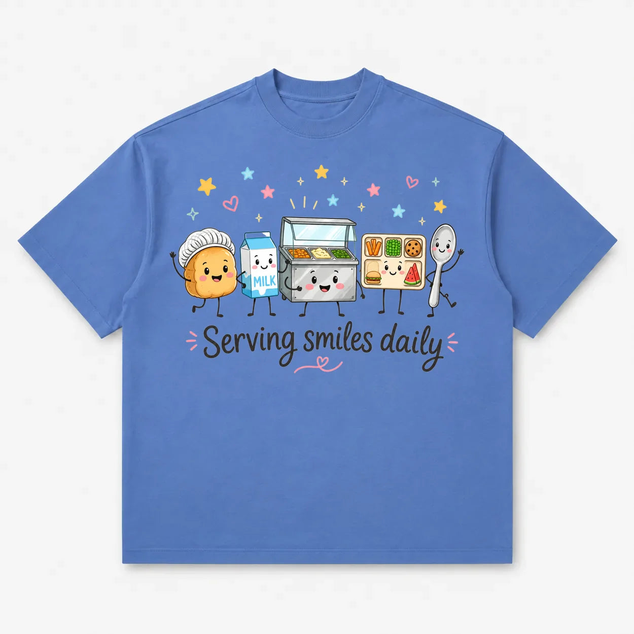 Printora UK Atlantic Blue heavyweight cotton T-shirt featuring a cute cartoon school lunch graphic and text.