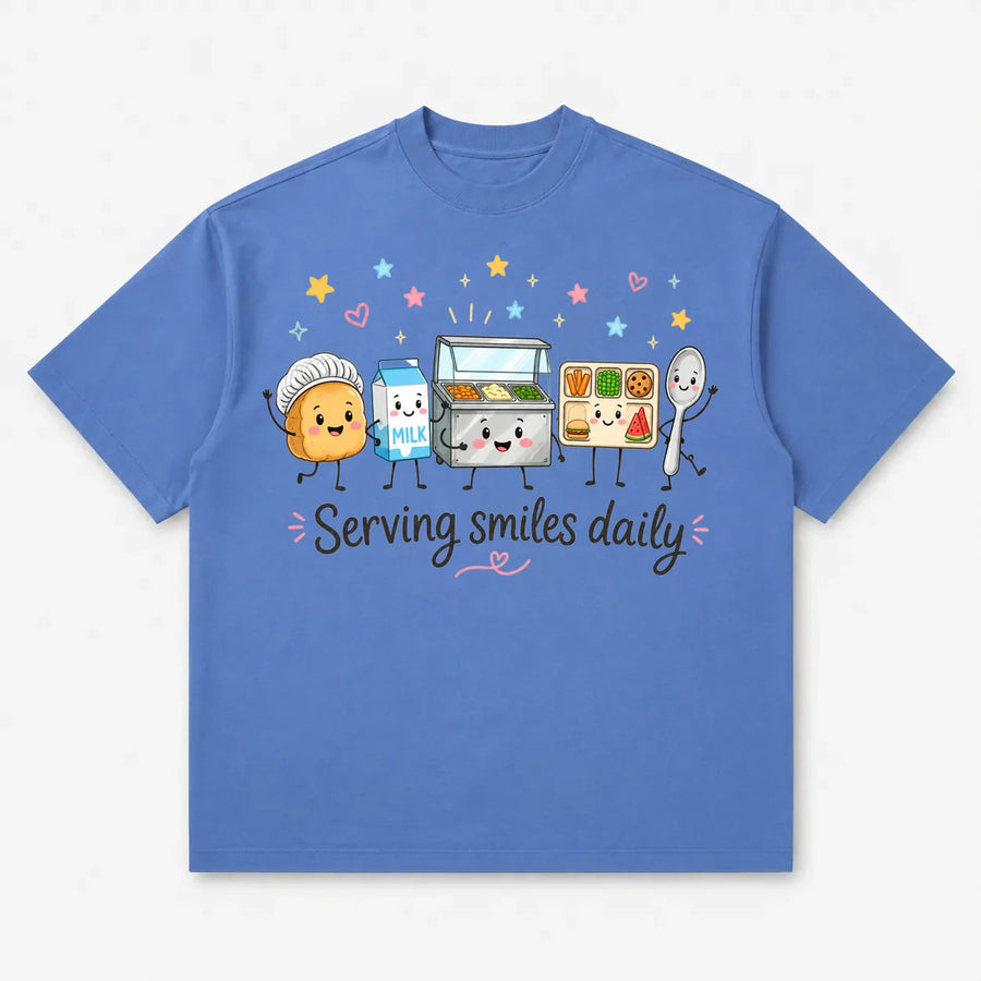 Printora UK Atlantic Blue heavyweight cotton T-shirt featuring a cute cartoon school lunch graphic and text.