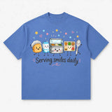 Printora UK Atlantic Blue heavyweight cotton T-shirt featuring a cute cartoon school lunch graphic and text.