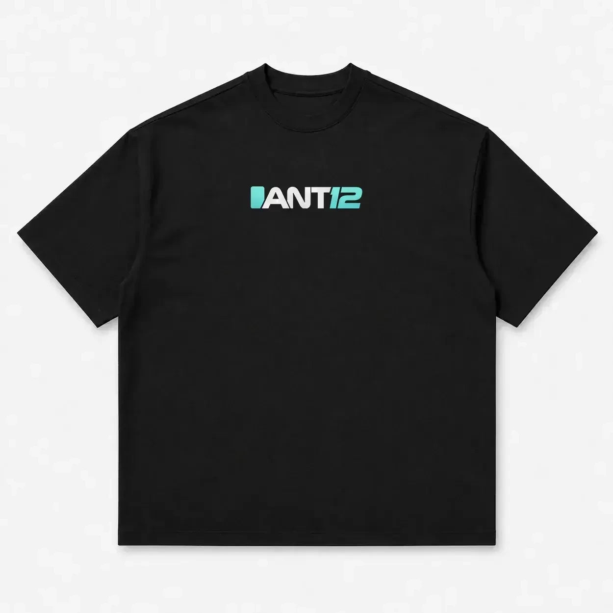 Printora UK black cotton F1 fan t-shirt featuring a small teal and white ANT12 logo on the left chest
