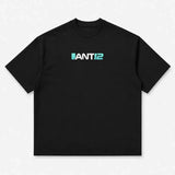 Printora UK black cotton F1 fan t-shirt featuring a small teal and white ANT12 logo on the left chest