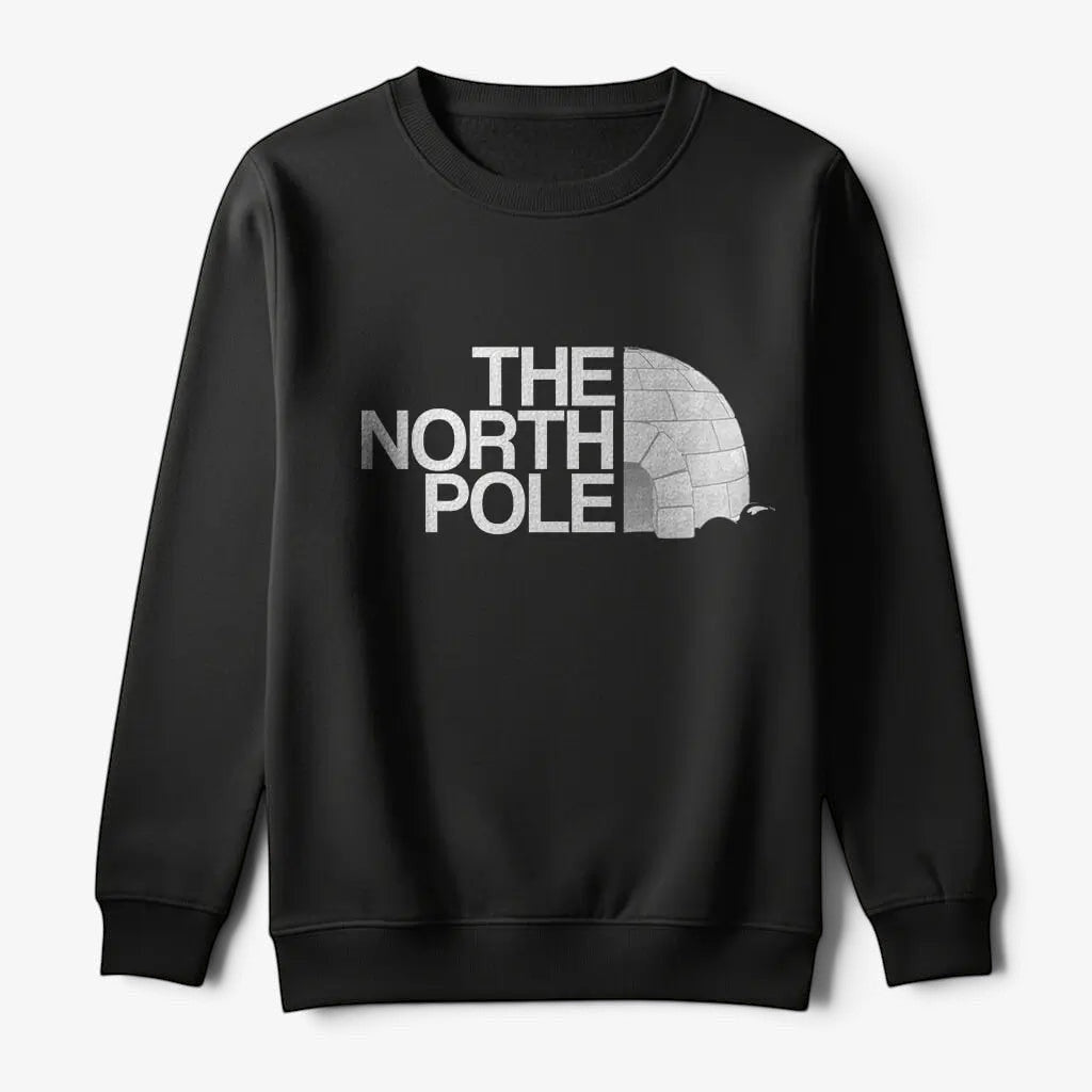 Printora UK black Christmas jumper featuring a white The North Pole igloo parody graphic and crew neckline