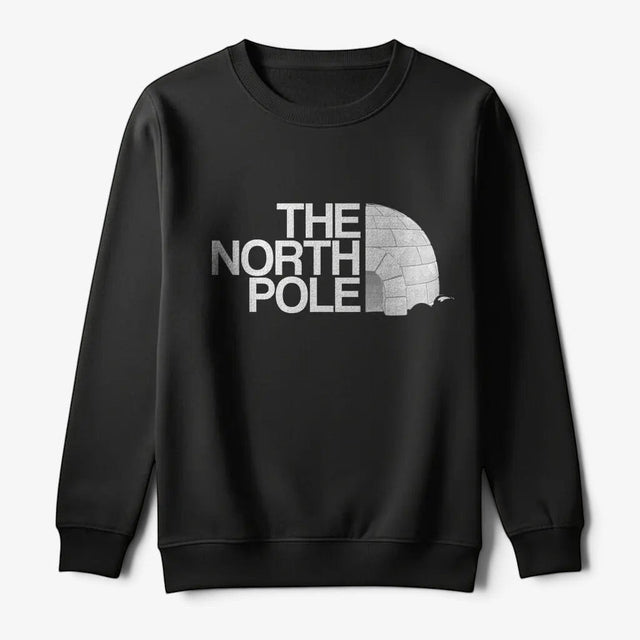 Printora UK black Christmas jumper featuring a white The North Pole igloo parody graphic and crew neckline