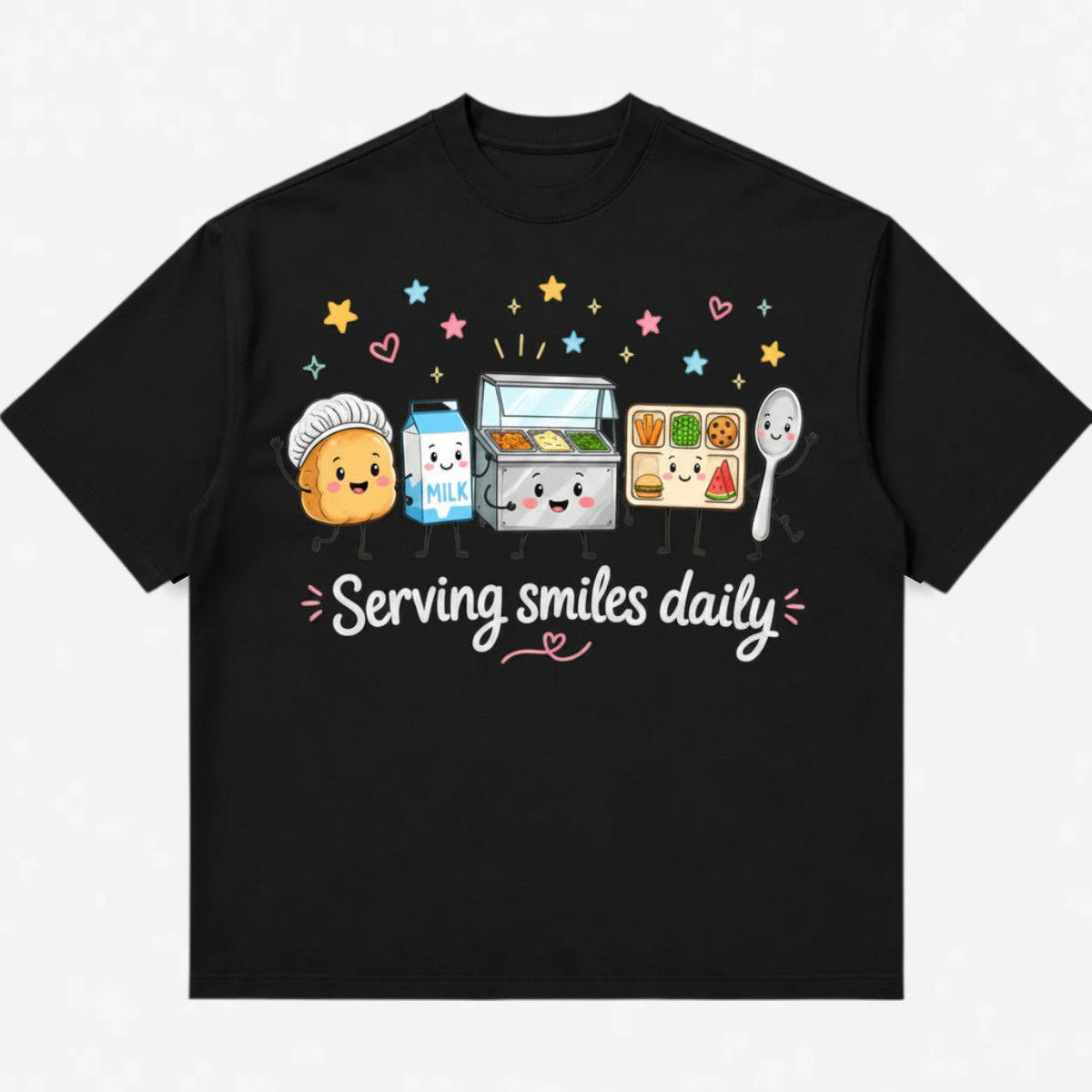Printora UK black heavyweight cotton T-shirt featuring a cute cartoon school lunch graphic and Serving Smiles Daily text