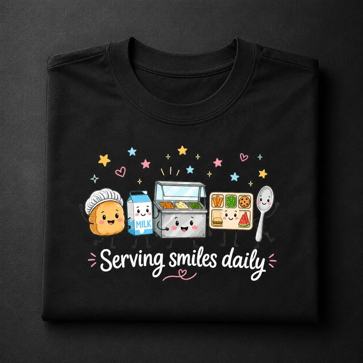 Printora UK black heavyweight cotton t-shirt featuring a cute cartoon school lunch graphic and Serving Smiles Daily text