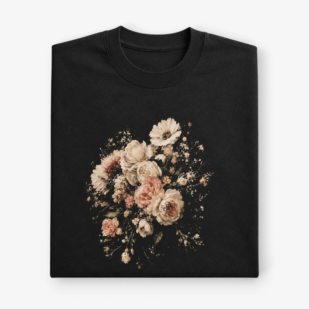 Printora UK black unisex t-shirt featuring a detailed vintage cream and blush floral graphic print on the front.