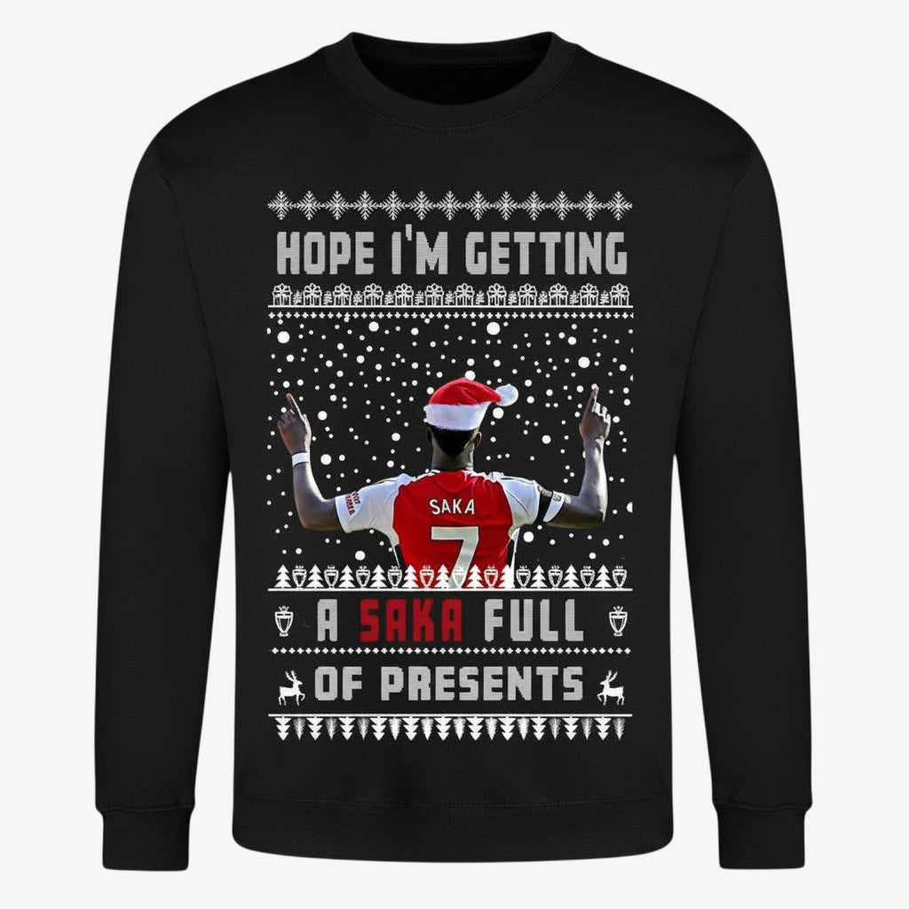 Printora UK black Christmas jumper featuring Bukayo Saka in a Santa hat with festive football-themed text and patterns.