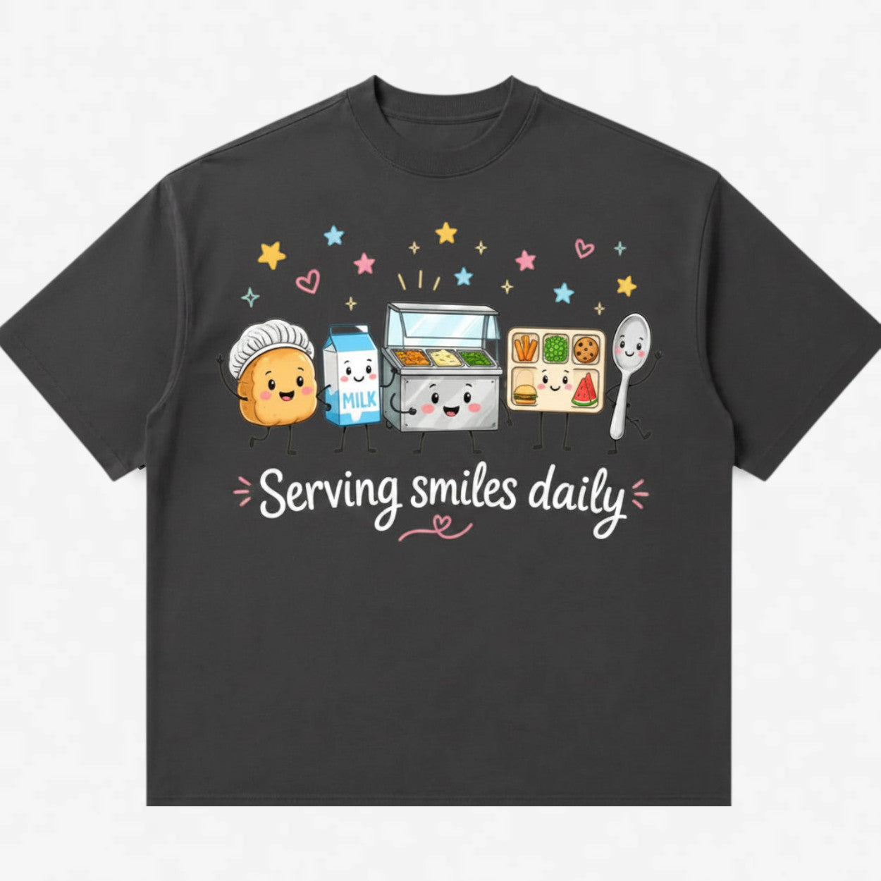 Printora UK charcoal heavyweight cotton t-shirt featuring a colourful Serving Smiles Daily school lunch graphic