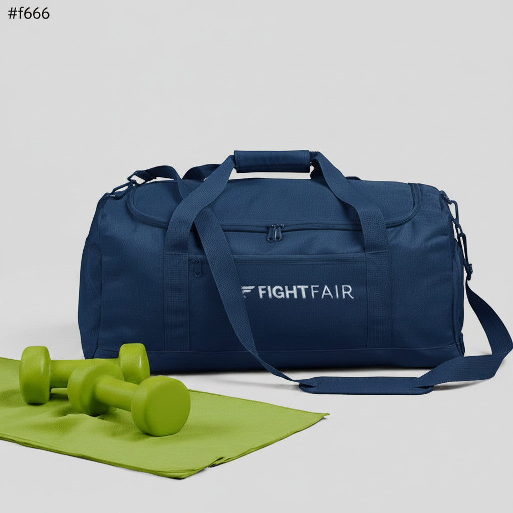 Printora UK Fightfair navy blue recycled polyester holdall with gym dumbbells and a green mat